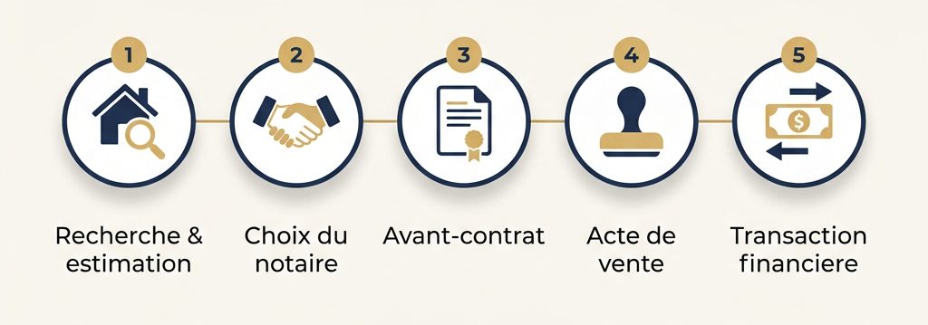 Les 5 étapes d'un achat immobilier avec un notaire à Bordeaux : recherche et estimation, choix du notaire, avant-contrat, délai de rétractation, signature de l'acte authentique