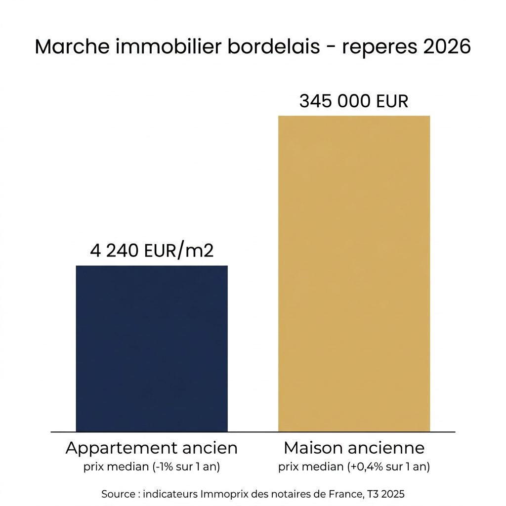 Graphique des prix de l'immobilier ancien à Bordeaux en 2025-2026 : prix médian au m² pour un appartement et prix médian d'une maison, données Immoprix notaires de France